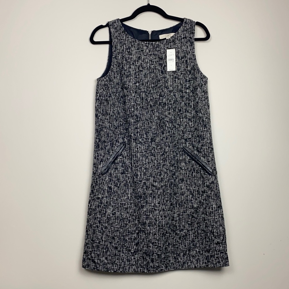 Loft Sleeveless Shift Dress Boucle Black White 6